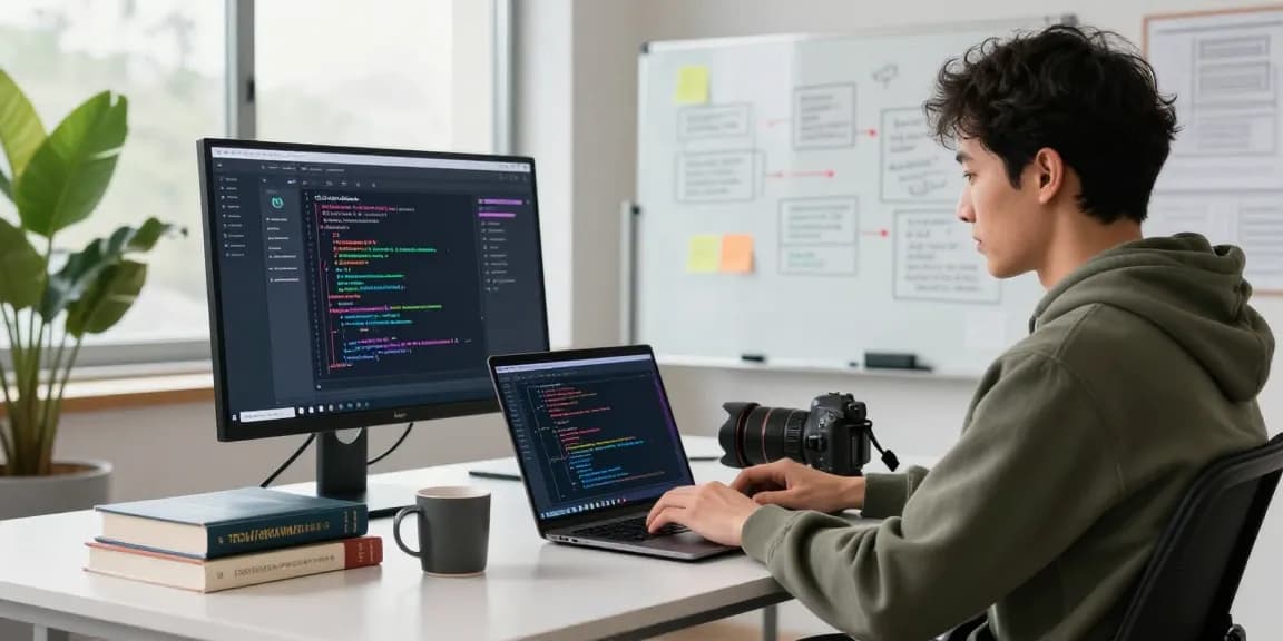 Developer engaging with an AI chatbot on dual monitors in a bright tech workspace.