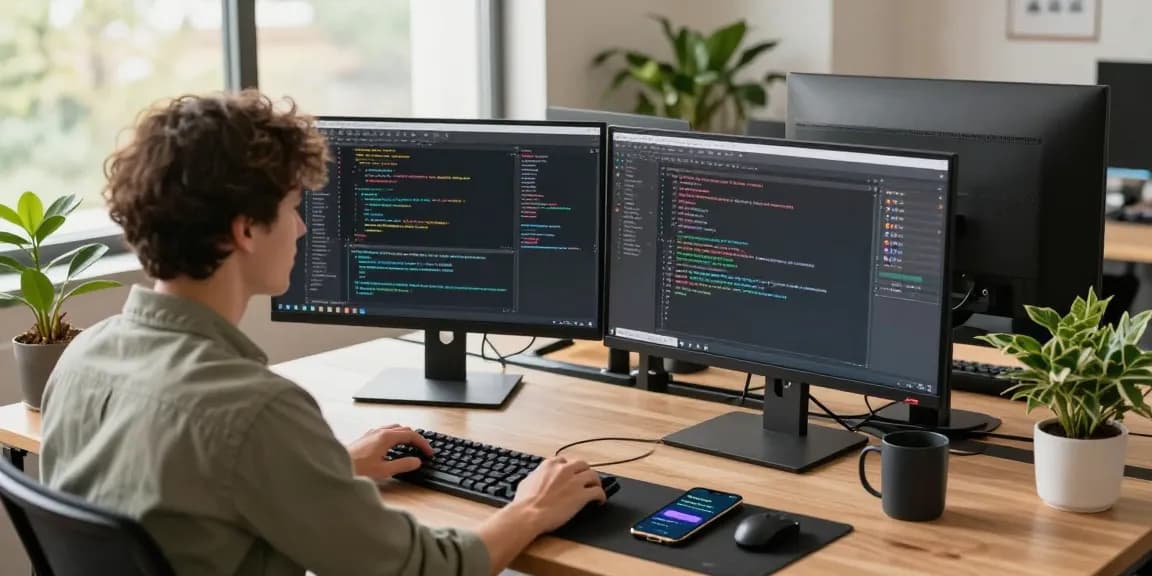 Developer working in a modern tech workspace on WhatsApp下載