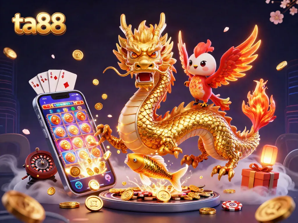Experience winning at ta88 with vibrant 3D casino elements, including a dragon and phoenix.