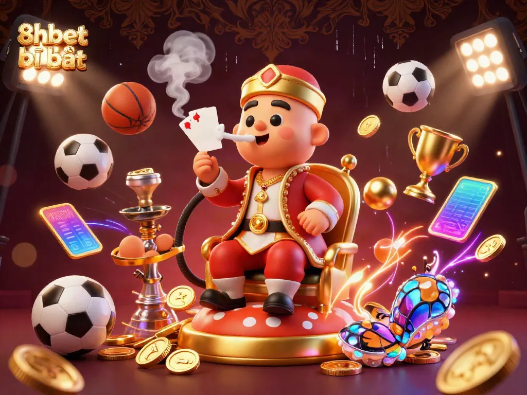 8xbet bị bắt casino-themed illustration featuring a Turkish sultan caterpillar character with poker symbols and sports elements.