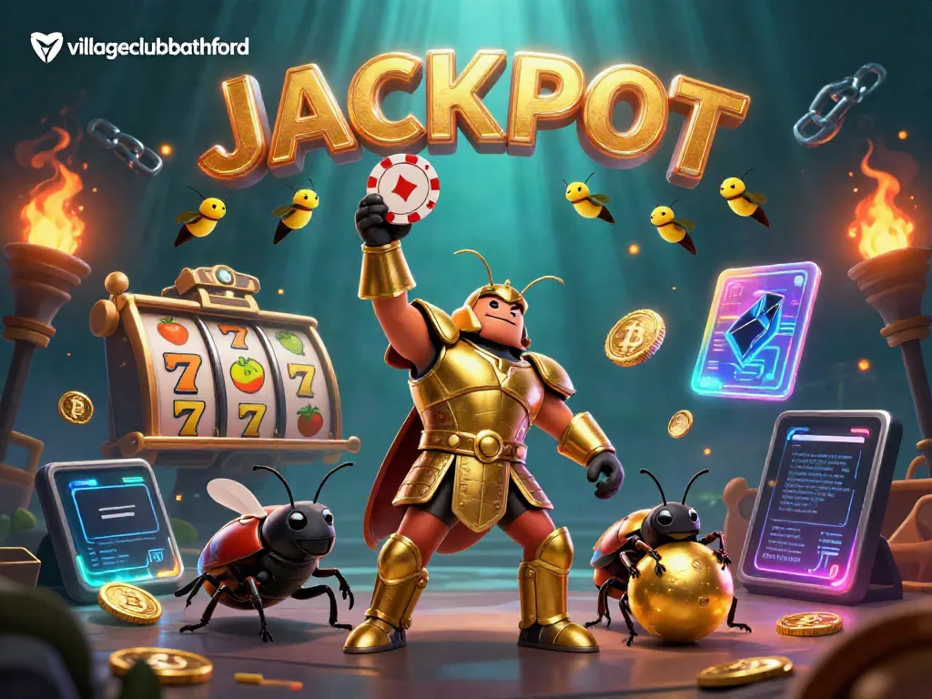 Engage with villageclubbathford as vibrant cartoon insects celebrate jackpot victories amidst exciting gaming symbols.