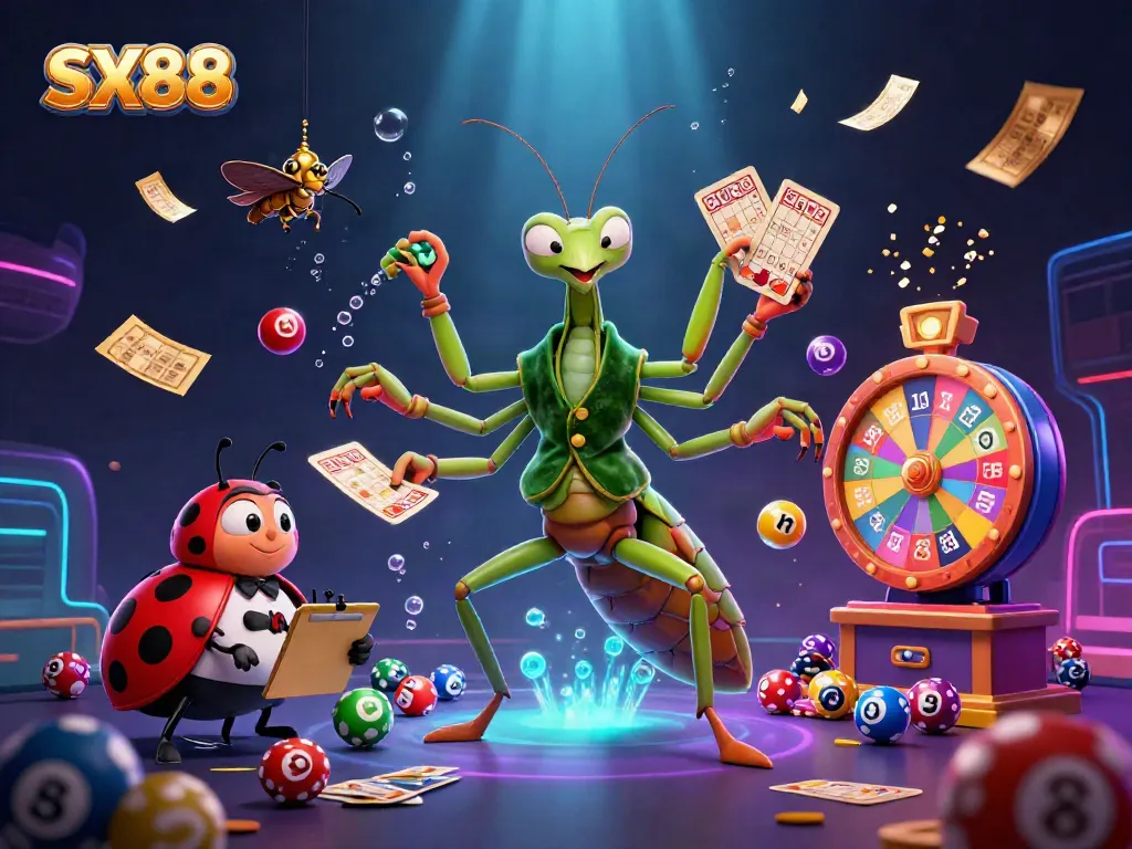SX88 giant praying mantis card sharp deals cards while ladybug pit boss oversees in vibrant casino scene