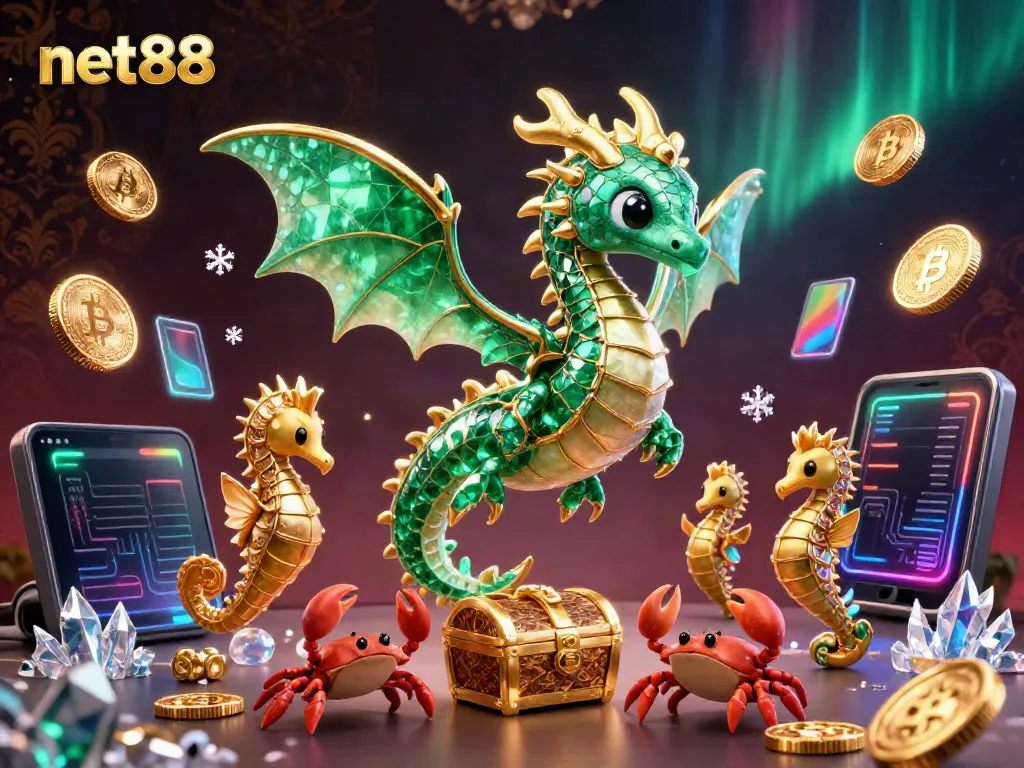 Experience net88’s exciting world with sea dragon and treasure in a dazzling illustration.
