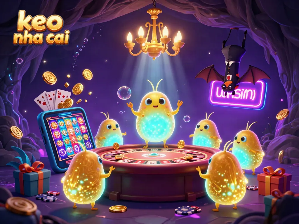 Engage in thrilling keo nha cai adventures with neon-lit glowworms in a vibrant cave casino scene.