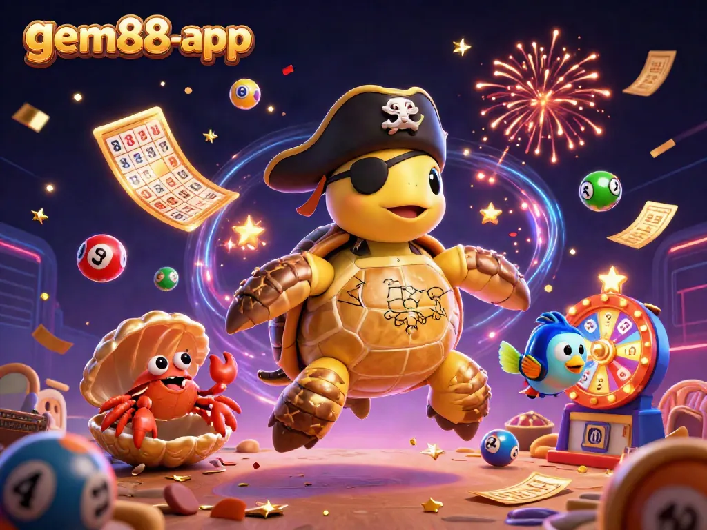 Celebrate winnings at gem88-app with vibrant lottery balls and 3D characters in a rich gaming scene.