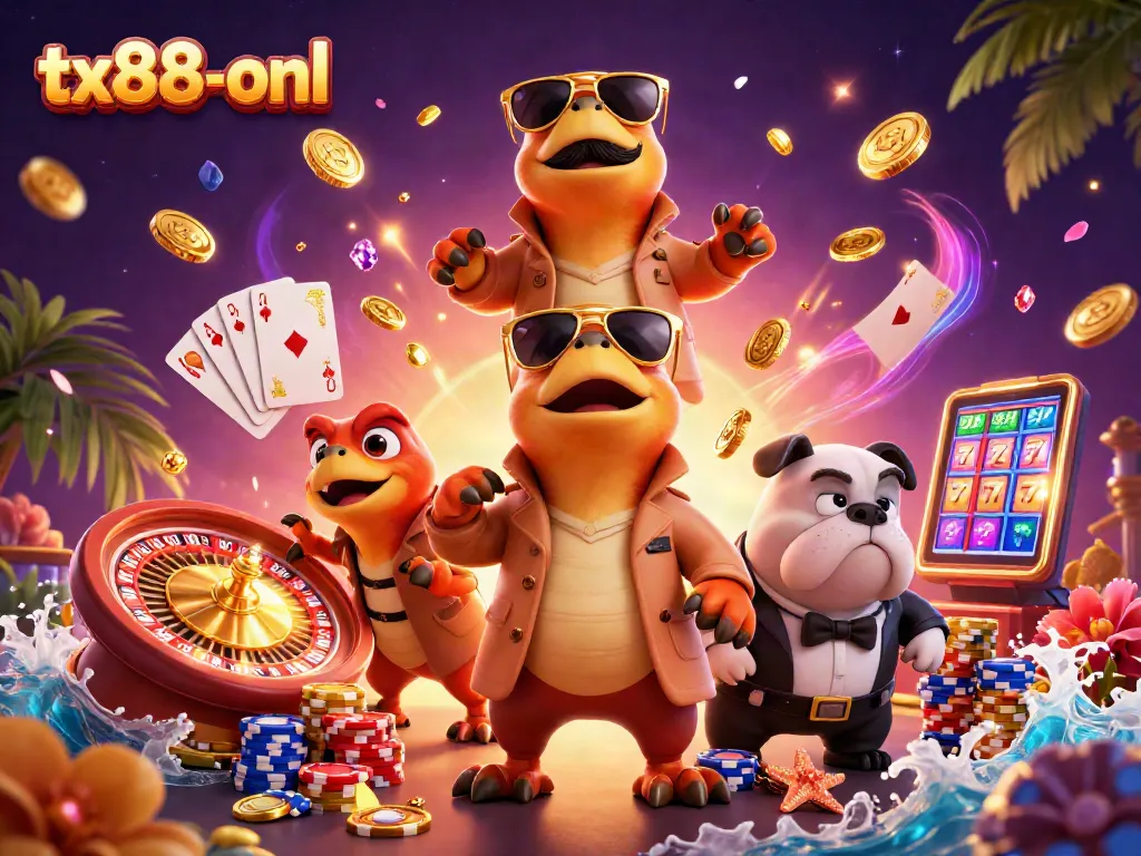 Experience the excitement at tx88-onl with lively raptors entering a VIP casino, surrounded by riches.