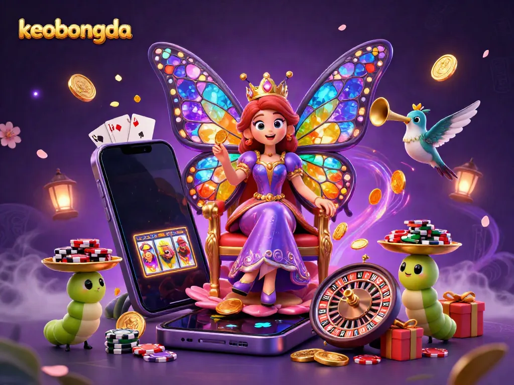 Engage with keobongda's vibrant casino scene featuring a butterfly queen, chips, and magical elements.