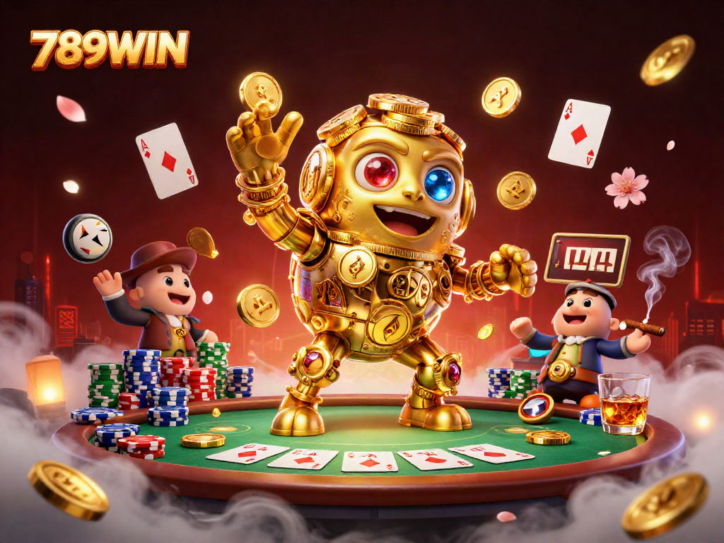Engage with 789WIN's thrilling casino experience featuring a golden golem surrounded by poker elements.