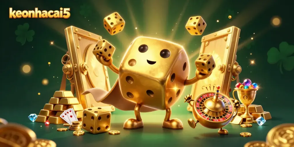 Experience keonhacai5 with a golden dice golem and treasures amid casino excitement.