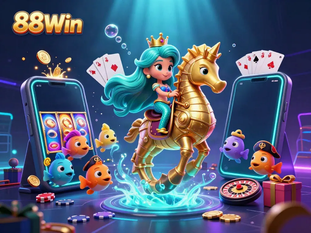 Experience 88Win with immersive gaming action, showcasing slots and casino elements amidst a vibrant underwater scene.