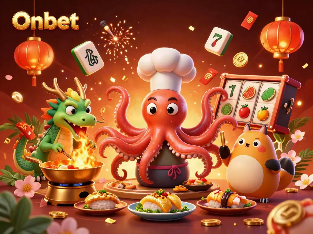 Engaging casino scene featuring Onbet's octopus chef creating golden dishes, surrounded by colorful gaming elements.
