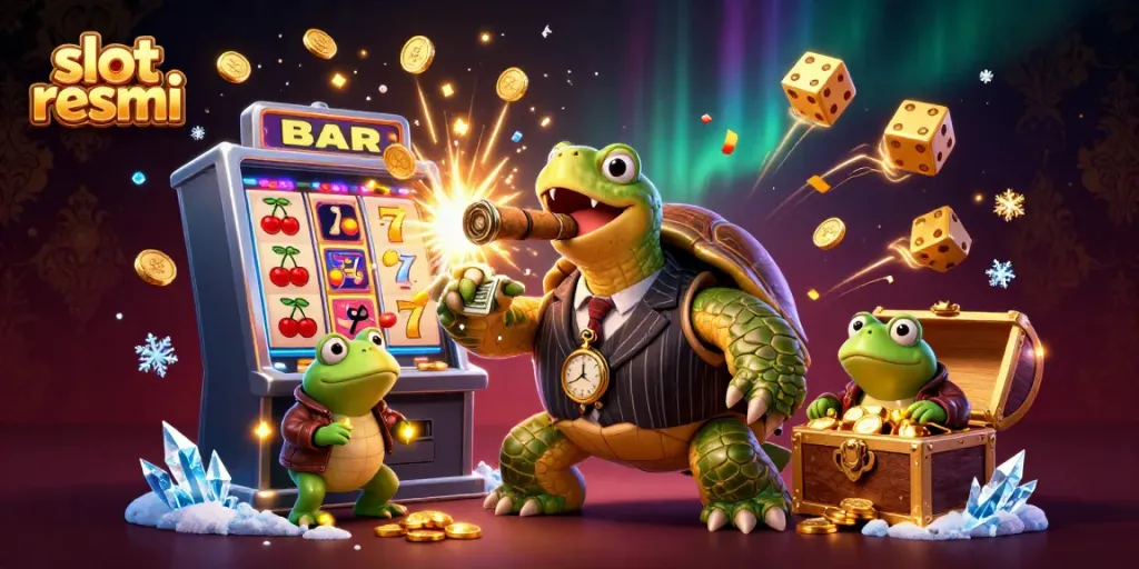 Experience the excitement of slot resmi with a cartoon turtle mobster amidst jackpot celebrations and lively casino elements.