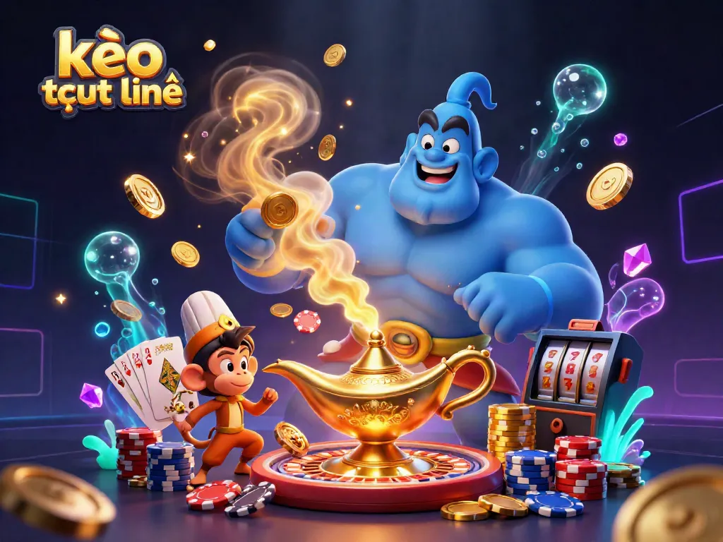 Experience thrilling kèo trực tuyến action as a blue genie and playful monkey arise, surrounded by sparkling riches.