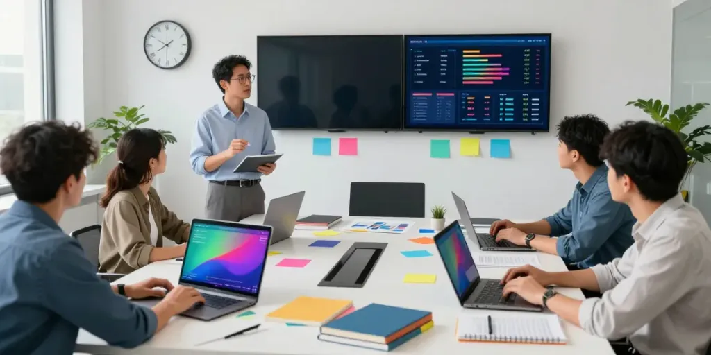 Marketing team analyzing instant indexing metrics in a dynamic workspace.