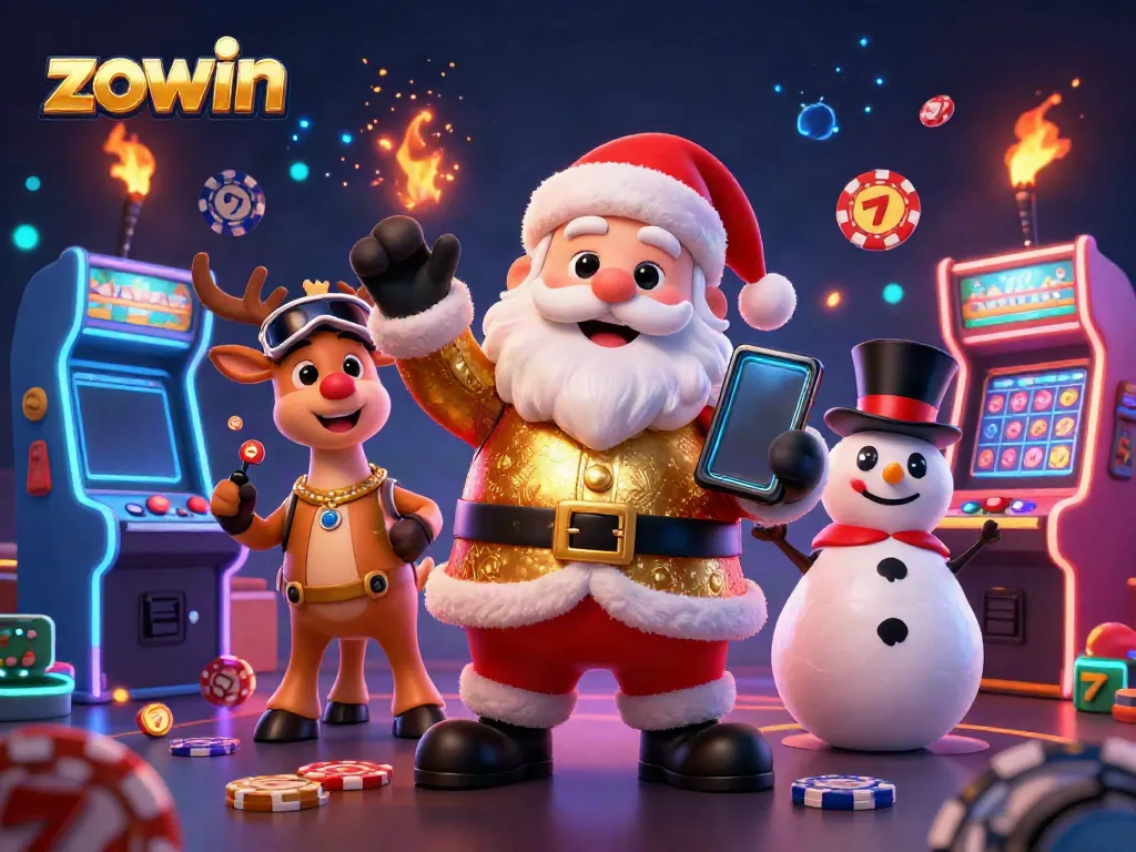 Zowin brings fortune with Santa Claus, his reindeer dealer, and a poker chip snowman in a casino scene.