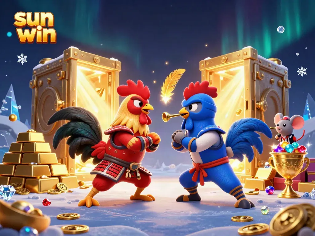 Experience thrilling gameplay at sun win with dynamic fighting roosters amidst treasures and casino elements.