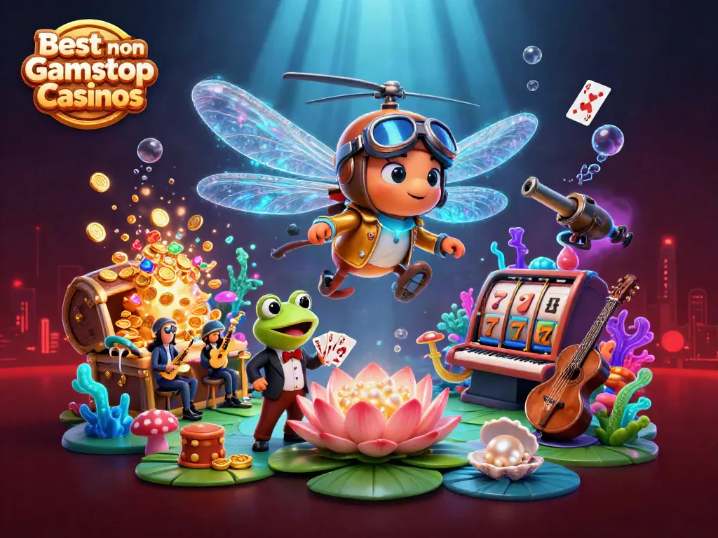 Best non Gamstop Casinos featuring vibrant scenes with a dragonfly pilot and frog dealer