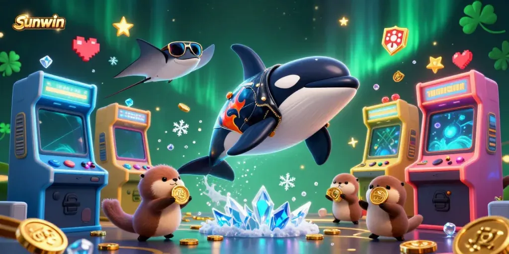 Experience sunwin with vibrant characters engaged in a dynamic casino scene filled with games and gold.