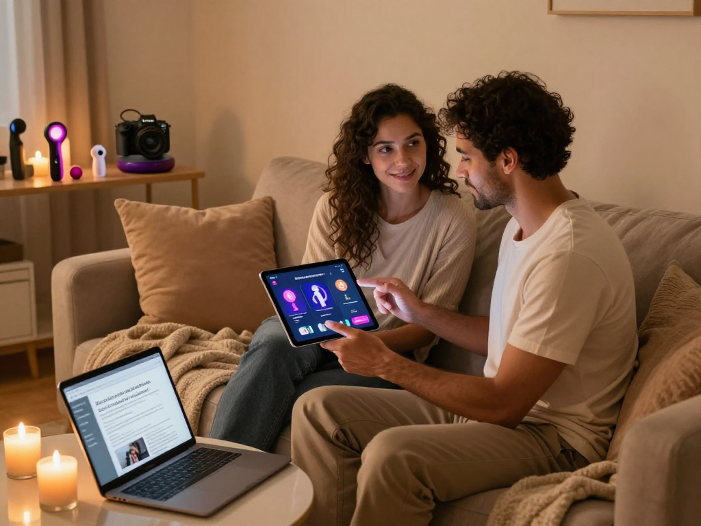 Couple engaging with AI sex technology in a romantic setting for enhanced intimacy.