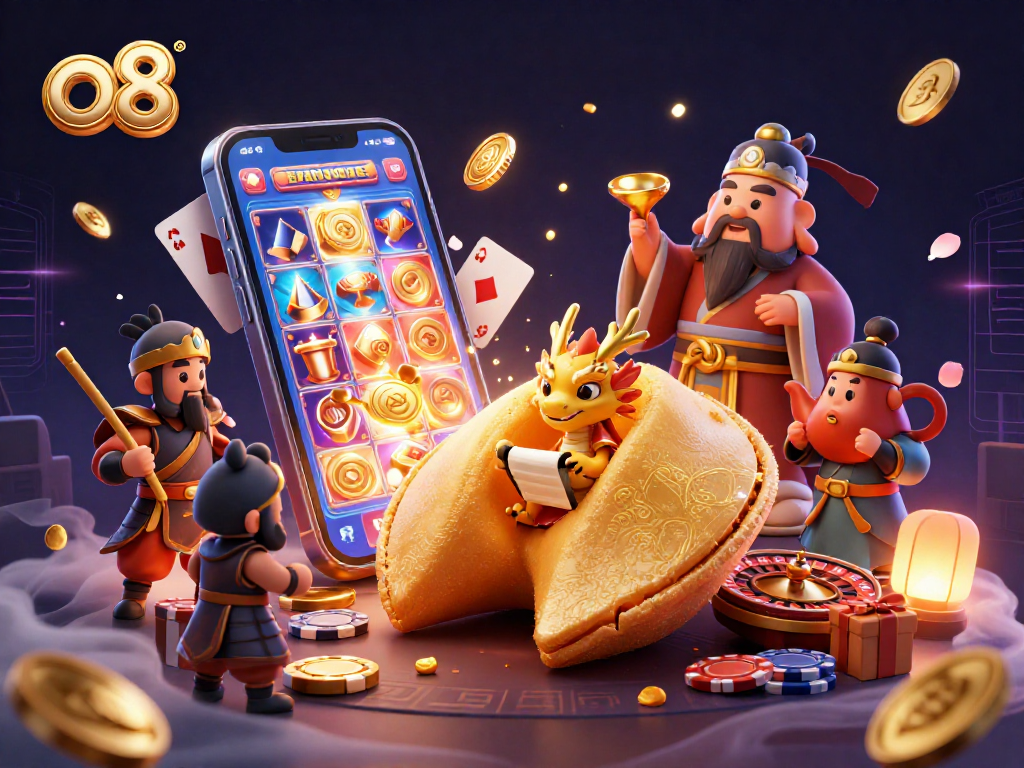 Spin reels and collect fortunes at o8 with a vibrant 3D casino illustration featuring themed game elements.