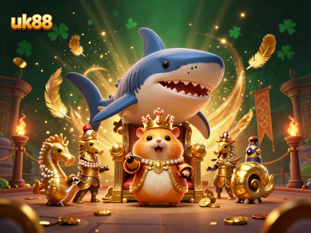 Experience the excitement of uk88 with an epic scene featuring a hamster king and his royal guards amidst vibrant casino elements.