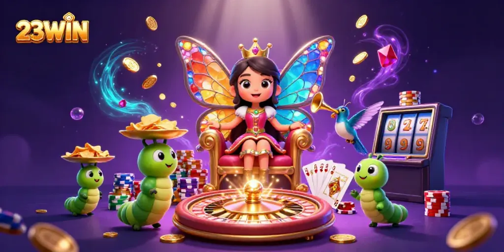 Experience the thrill of 23WIN with a dazzling 3D casino scene filled with vibrant elements and characters.