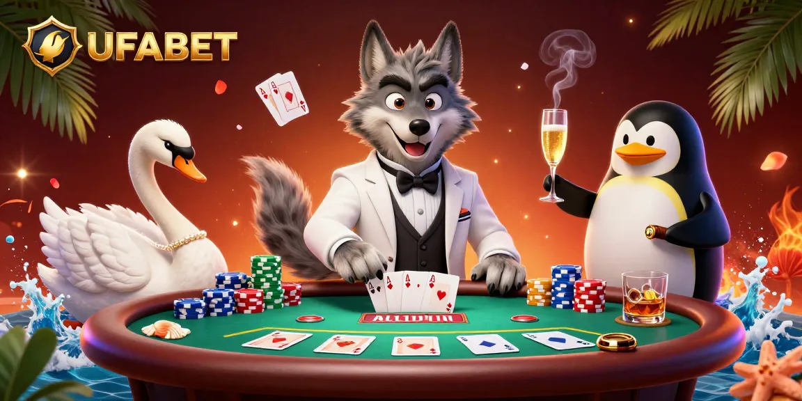 Experience the thrill of UFABET with a cartoon wolf playing baccarat, a swan dealer, and a penguin sommelier.