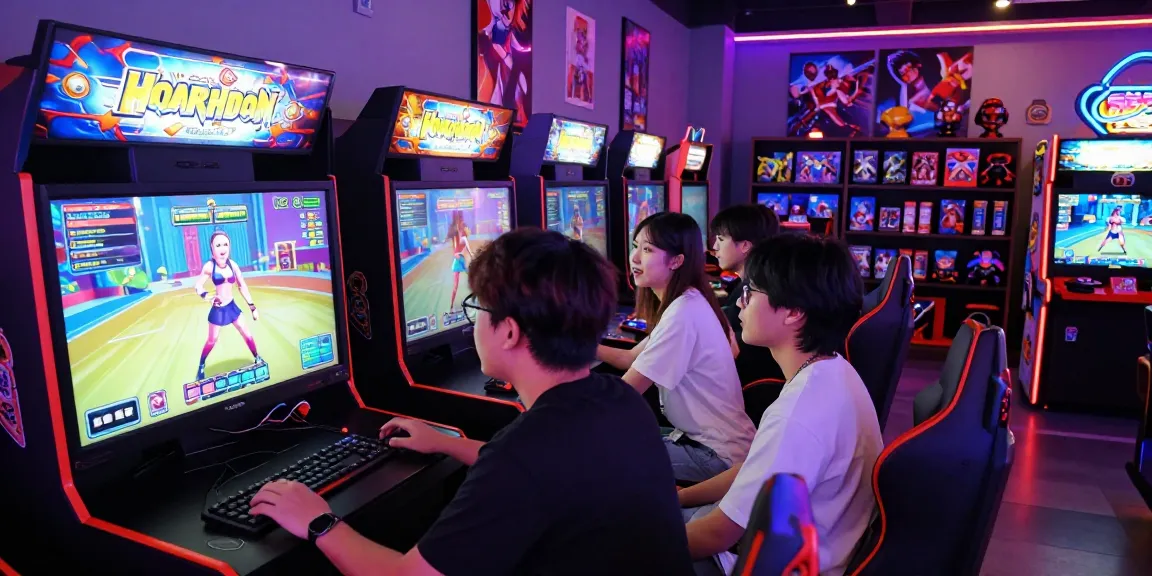 Engaged players enjoying transformation hentai games in a vibrant arcade setting.