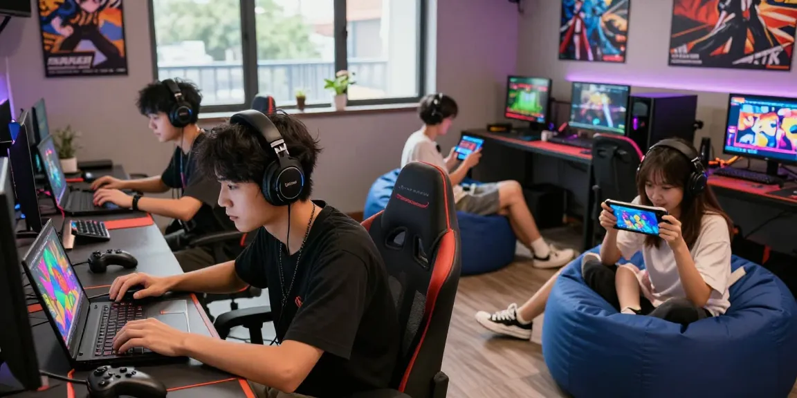Players enjoying ecchi game online in a vibrant gaming lounge filled with excitement.