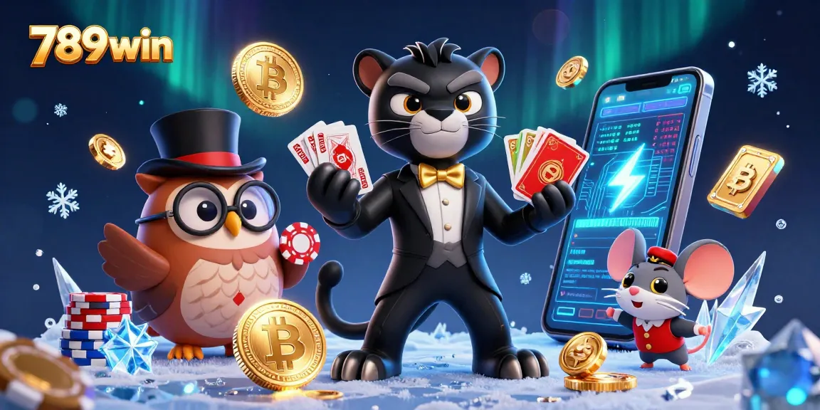 Win big with 789win as the stylish panther deals cards amidst crypto coins and casino elements.