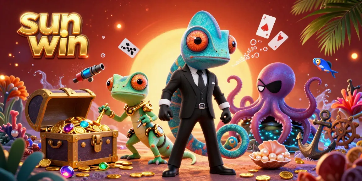 Engage with the thrilling sun win experience, featuring vibrant 3D characters amidst underwater treasures and casino elements.