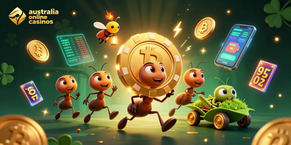 Run with Australia online casinos' ants heist carrying giant poker chip amidst crypto coins.