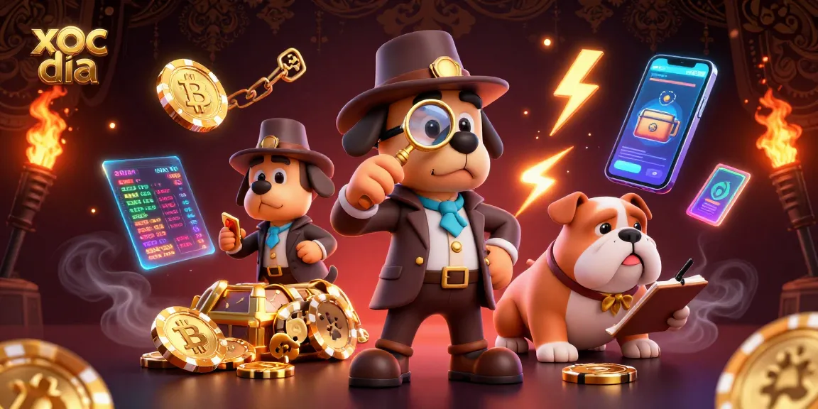 Engage in xoc dia actions with a detective and a bulldog companion investigating golden casino clues amid glowing Bitcoin and Ethereum elements.