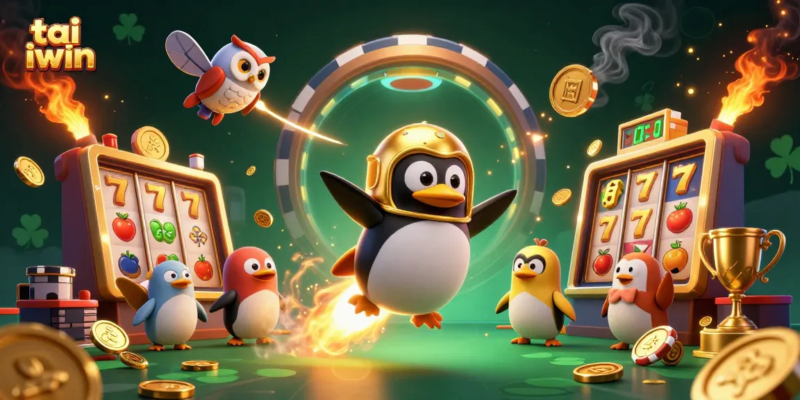 Engage in thrilling action with tai iwin featuring a golden penguin and slot reels in a vibrant casino space.
