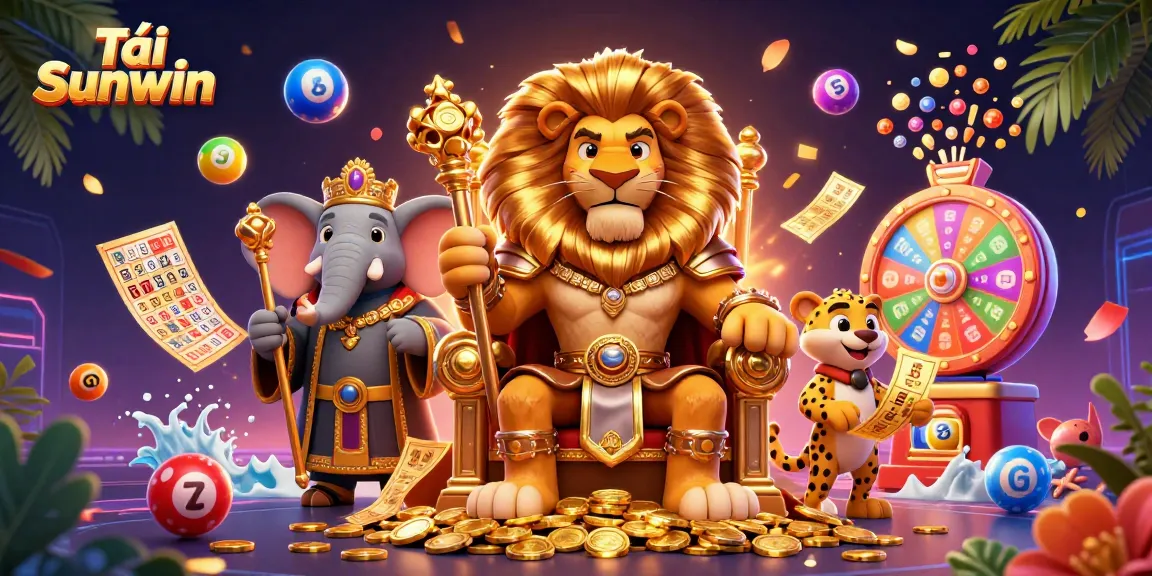 Tải Sunwin in a vibrant 3D scene with a lion king, elephant, and cheetah amid casino elements.
