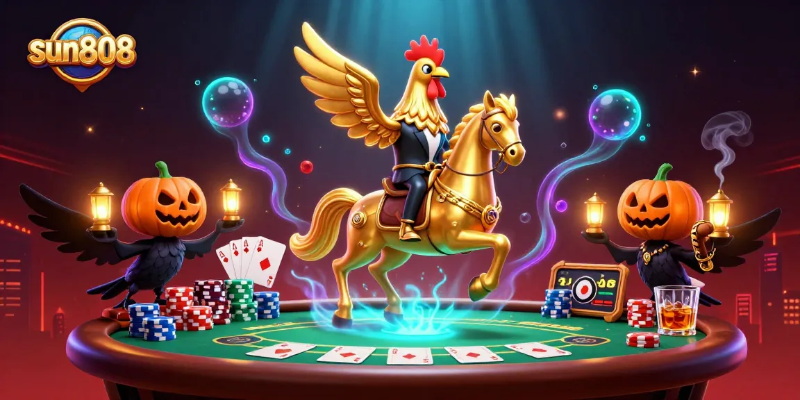 sun808 players winning big in a vibrant midnight casino scene with colorful poker chips and cards