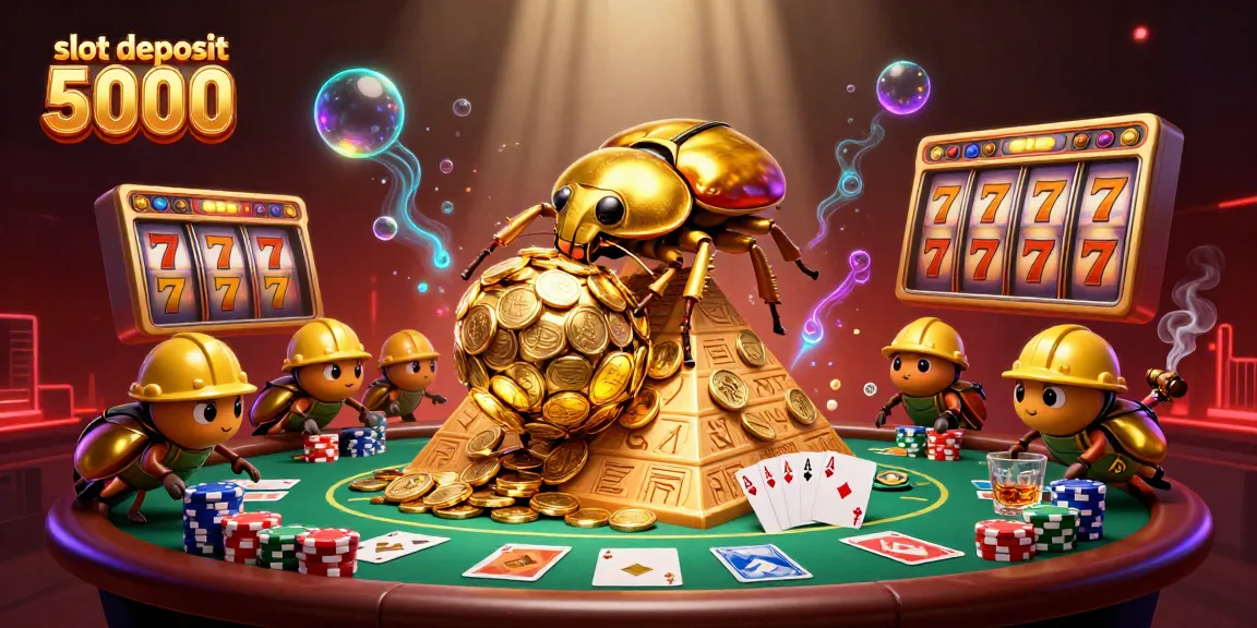 Engage with slot deposit 5000 in this vibrant illustration featuring golden beetles and casino symbols.