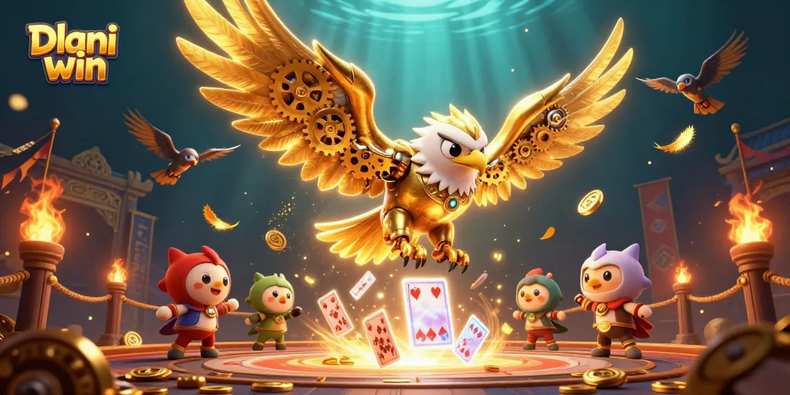 Dive into exciting Dhani win gaming with a golden eagle amidst vibrant holographic elements.