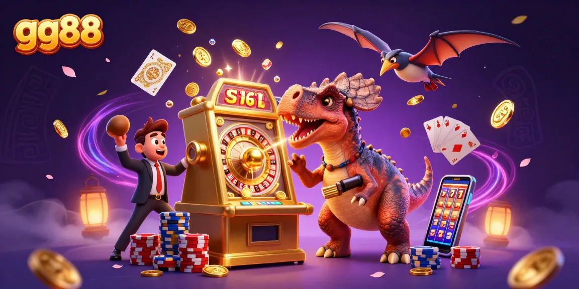 Engaging gg88 scene of a dinosaur interacting with a jackpot slot machine amidst thrilling casino elements.