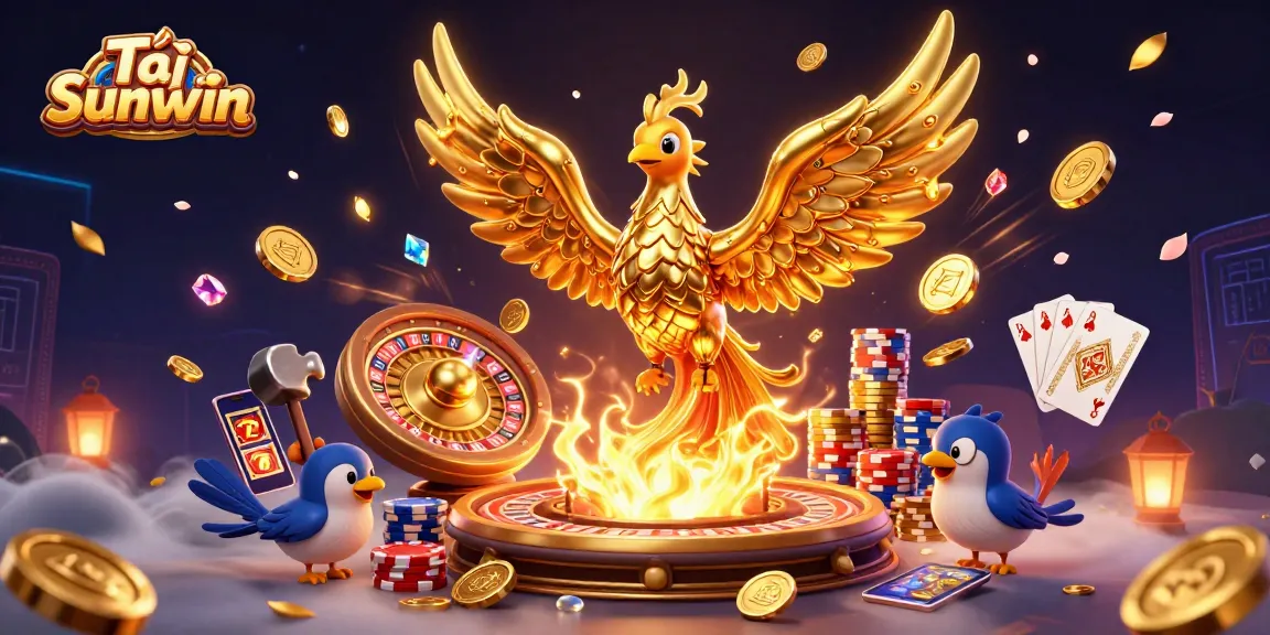 Experience the thrill with Tải Sunwin as golden coins and cards fly in this vibrant casino scene.