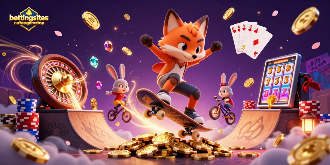 Engaging 3D scene illustrating bettingsitesnotongamstop with a fox and rabbit in a casino-themed adventure.