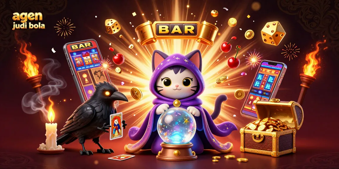 Experience exciting agen judi bola with a mystical scene of a fortune teller cat and a raven in a casino atmosphere.