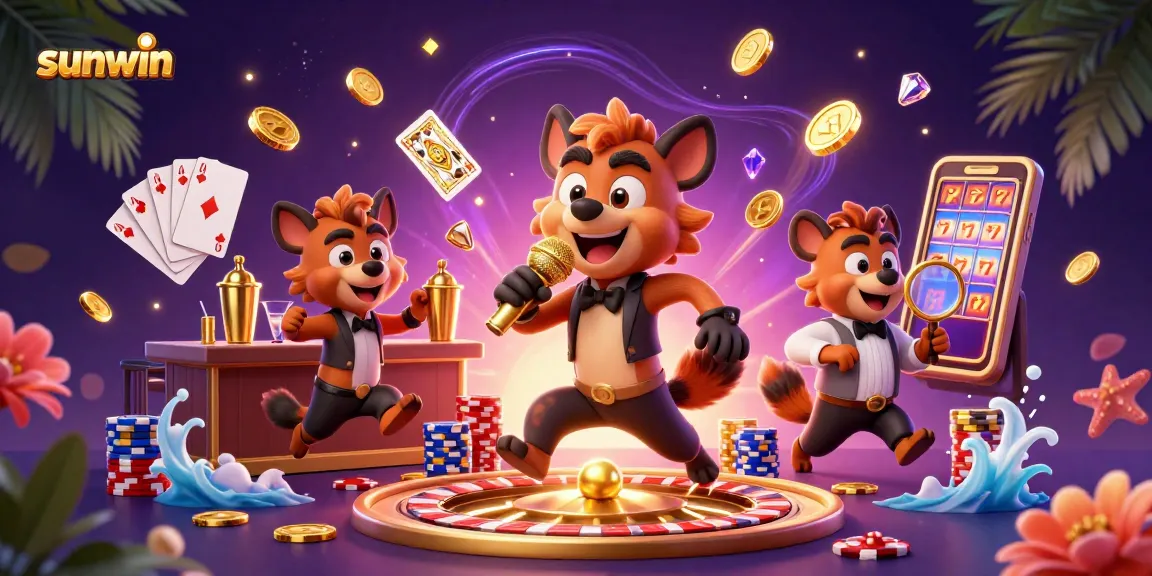 Experience sunwin's vibrant casino atmosphere with hyenas entertaining in a dynamic scene.