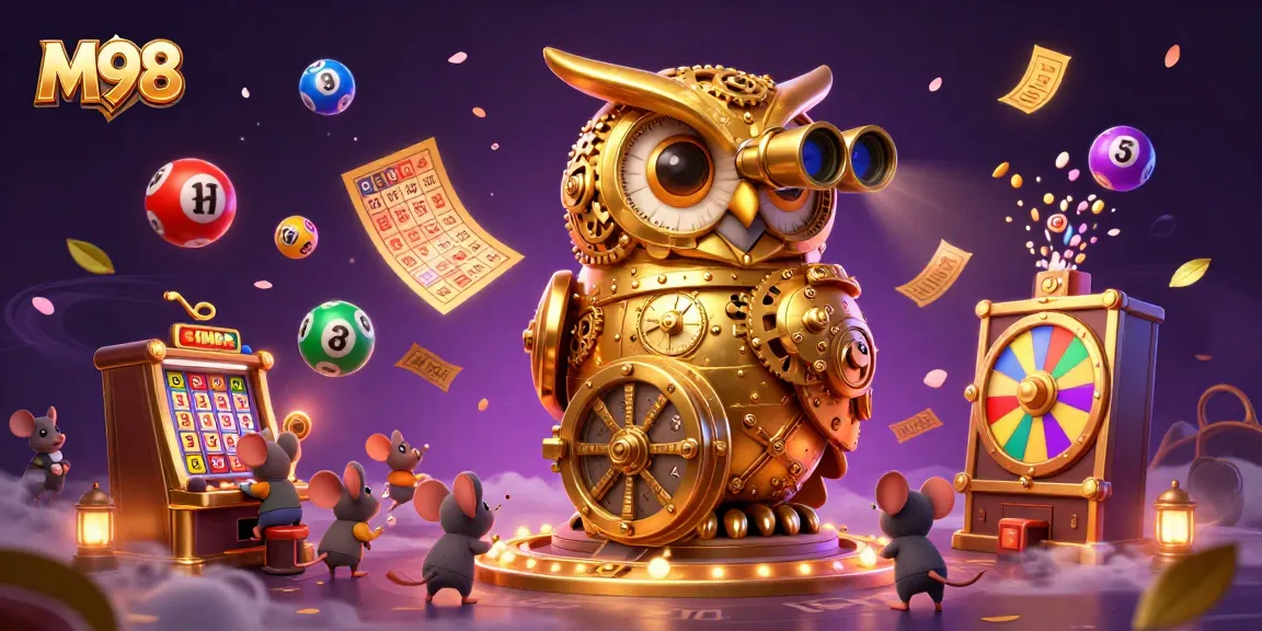 M98 offers an energetic casino scene with a golden owl and vibrant lottery elements.