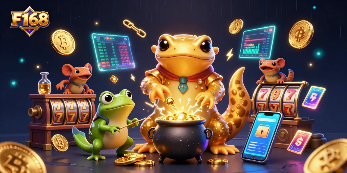 Engage with F168 as a cartoon alchemist turns metals into gold amidst vibrant casino elements.