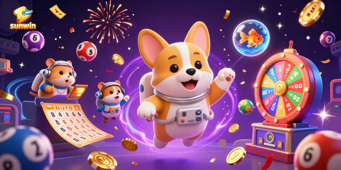Experience the fun of sunwin's space-themed casino adventure with floating elements.