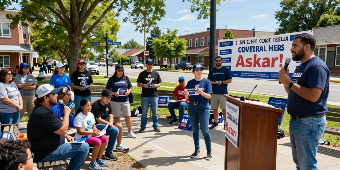 Casey Askar addressing supporters in a vibrant political campaign event.